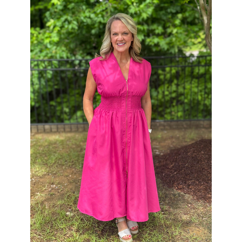 Leanne Solid V-Neck Midi Dress - Magenta