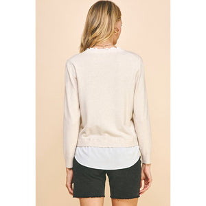 Jessa V-Neck Knit Woven Combo Top - Oatmeal