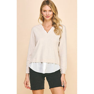 Jessa V-Neck Knit Woven Combo Top - Oatmeal