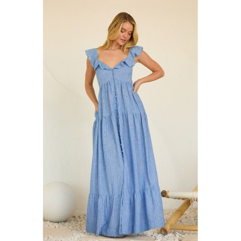 chambray tiered maxi dress Vanessa Ruffle Sleeve Lurex Stripe Tiered Maxi Dress