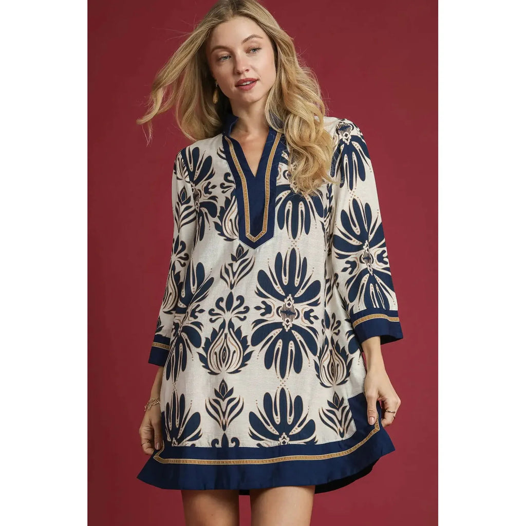 Sidney Velvet Trim Abstract Print Dress - Navy