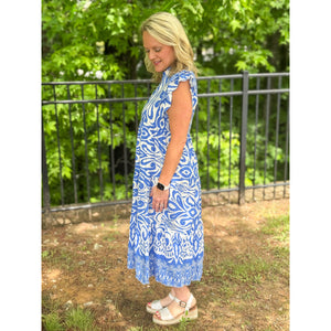 Vera V- Neck Ruffle Sleeve Midi Dress - Blue
