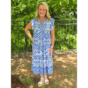 Vera V- Neck Ruffle Sleeve Midi Dress - Blue