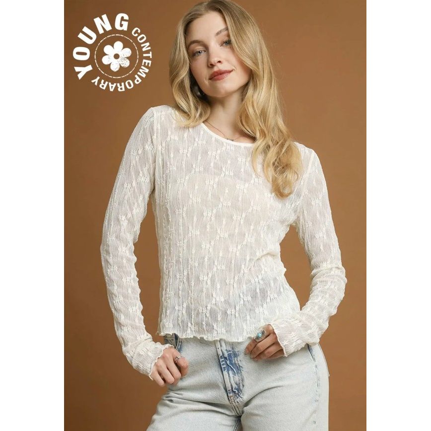 Verity Lace Textured Long Sleeve Top - Cream