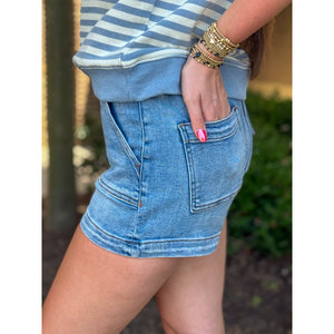 Vervet Rebecca High Rise Patch Pocket Denim Shorts - Powder Puff