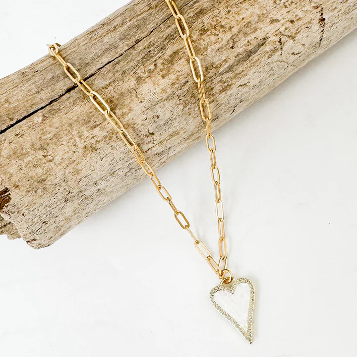 Virtue Mosaic Heart 16" Paperclip Necklace  - White