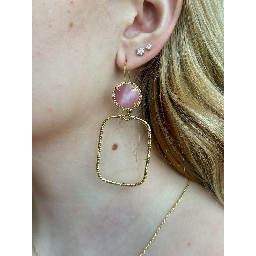 Virtue Gemstone CZ with Hammered Rectangle Earrings - Blush