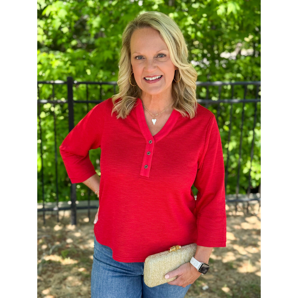 Wendy Waffle Knit Top with Henley Neckline - Red