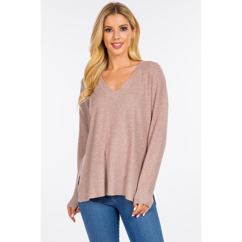 Layla Waffle Knit V-Neck Sweater - Rose