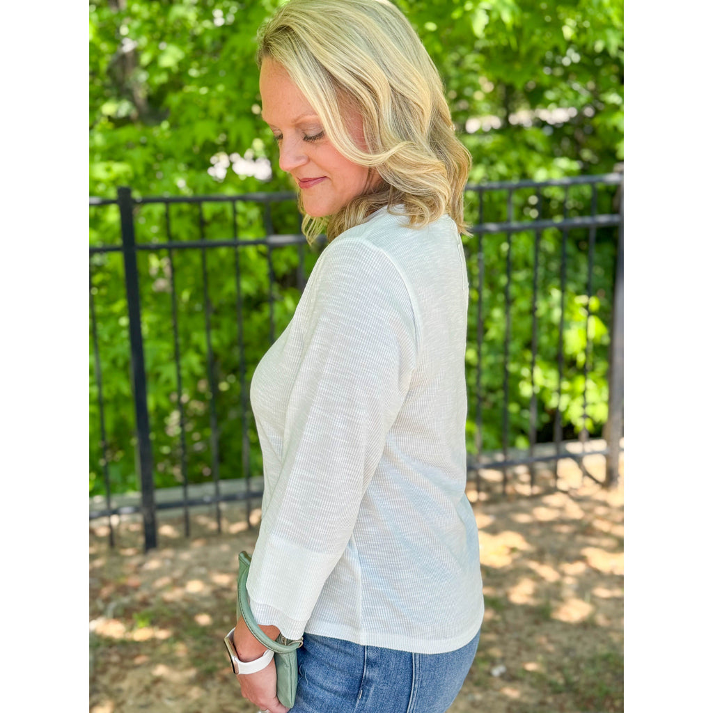 Wendy Waffle Knit Top with Henley Neckline - Off White