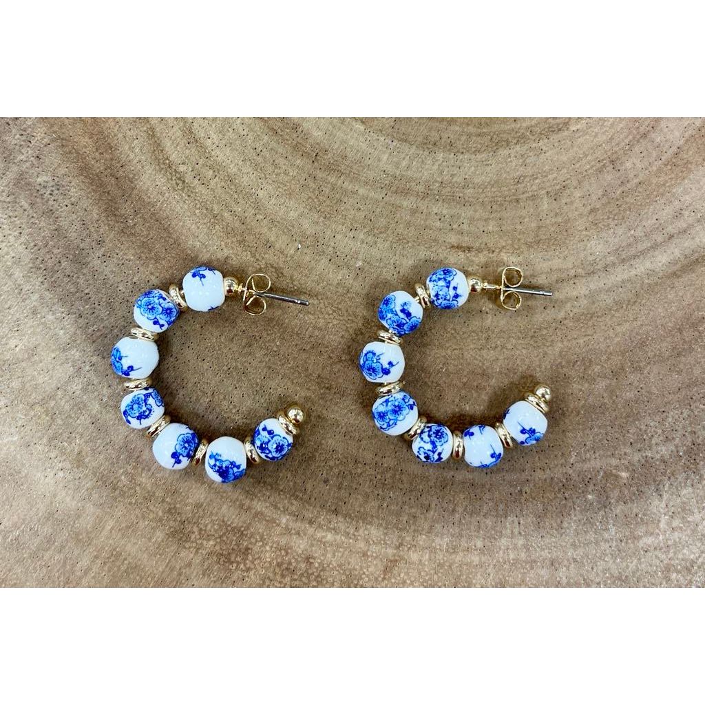 White and Blue Beaded with Gold Accent Hoops