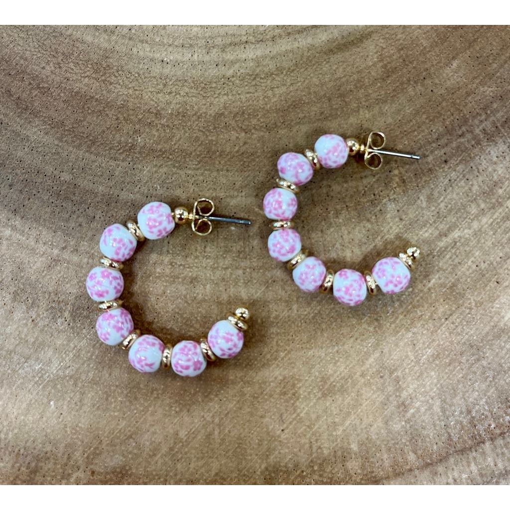 White and Pink Beaded with Gold Accent Hoops