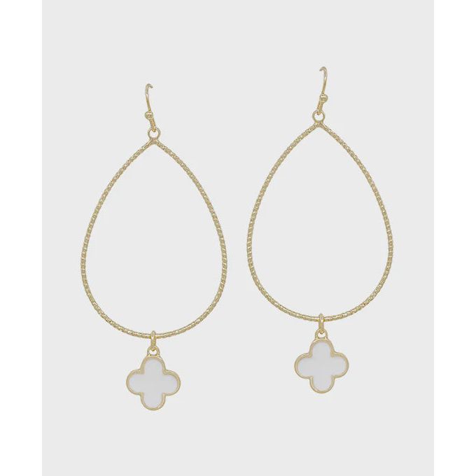 Wire Teardrop Clover Earrings - White/Gold