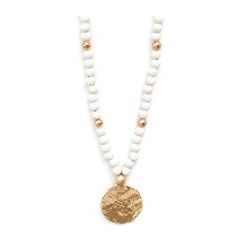 Wood Textured Disc Necklace - White/Gold