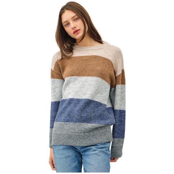 Bessie Wool Blend Color Block Sweater - Denim/Multi