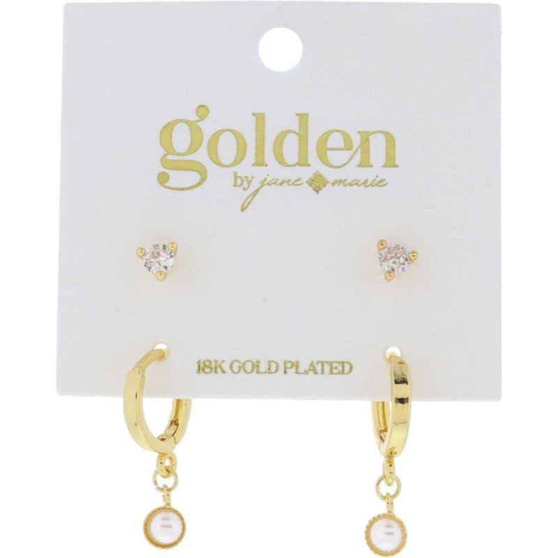 Gold Plated Set of 2 Clear Crystal Stud and Pearl Dangle Huggie Earrings