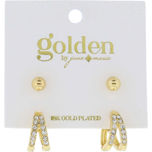 Gold Plated Set of 2, Gold Ball Stud, Crystal Double Huggie Earrings