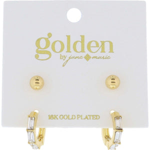 Gold Plated Set of 2, Gold Ball Stud, Baguette Crystal Huggie Earrings