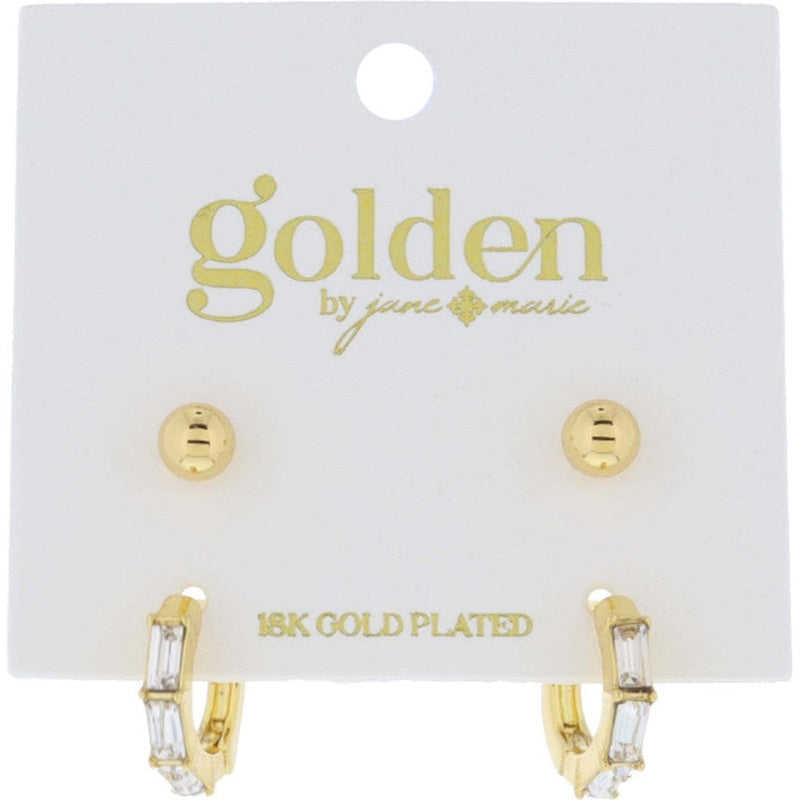 Gold Plated Set of 2, Gold Ball Stud, Baguette Crystal Huggie Earrings