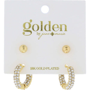 Gold Plated Set of  2, Gold Ball Stud, Pave Crystal Tubular Huggie Earrings
