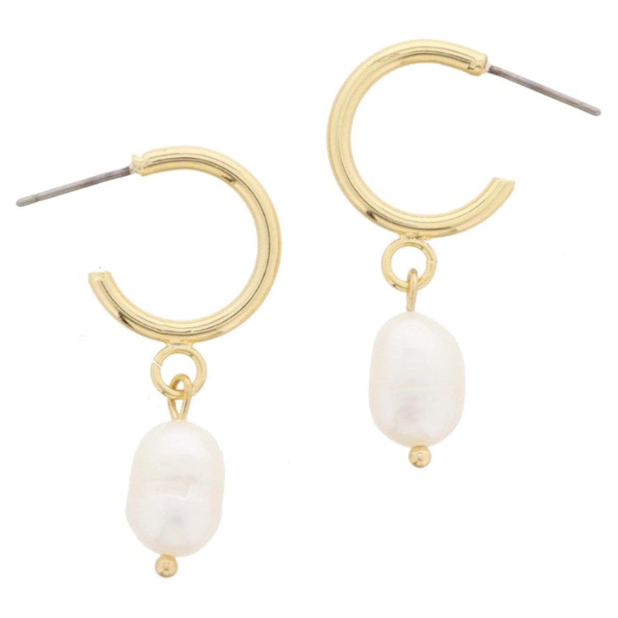 18K Gold Plated Thin Hoop with Natural Pearl Drop Dangle Earrings