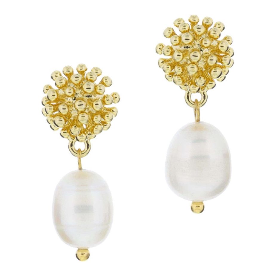 18K Gold Plated Studded Pom Post with Natural Pearl Drop Dangle Earrings