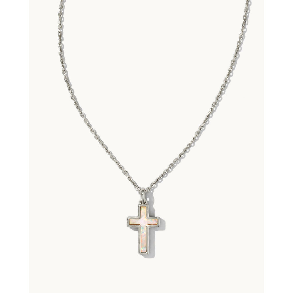 KENDRA SCOTT CROSS PENDANT NECKLACE RHODIUM WHITE OPAL