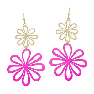 Flower Metal 2 Drop Earrings - Fuchsia