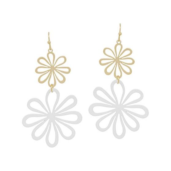 Flower Metal 2 Drop Earrings - White