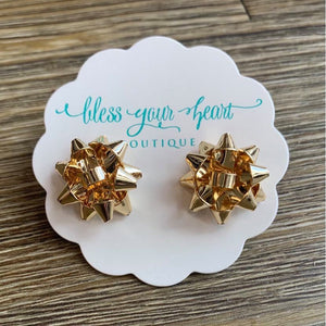Large Metallic Present Bow Stud Earring - Gold