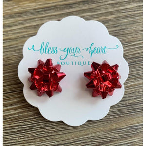 Large Metallic Present Bow Stud Earring - Red