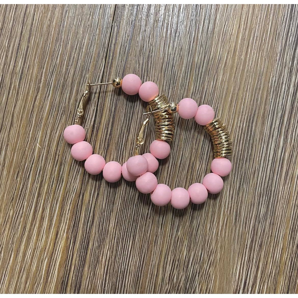 Clay Ball w/ Metal Accent Hoop Earring - Pink