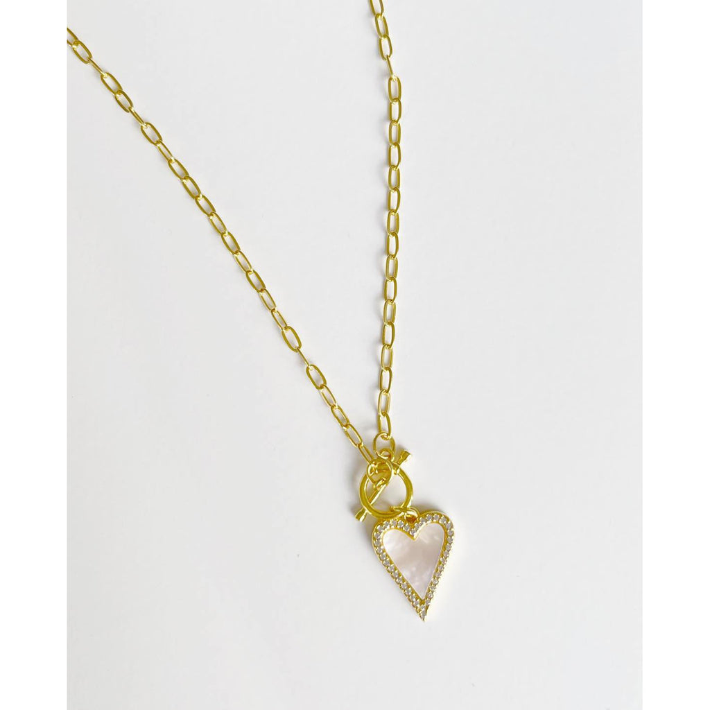MOP Pave Heart Toggle Pendant Necklace - Gold