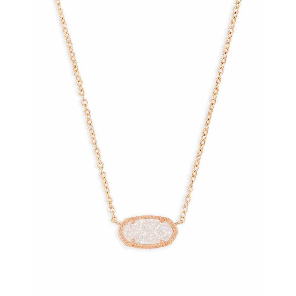 KENDRA SCOTT ELISA SHORT PENDANT NECKLACE ROSE GOLD IRIDESCENT DRUSY