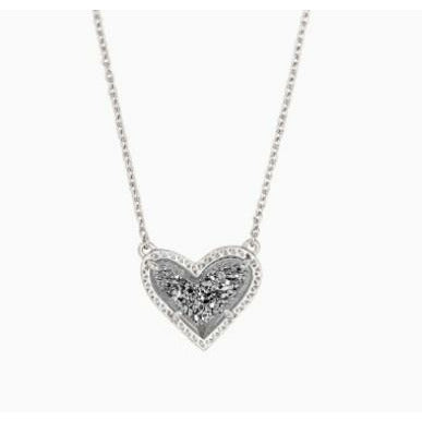 KENDRA SCOTT ARI HEART PENDANT NECKLACE - RHODIUM - PLATINUM DRUSY