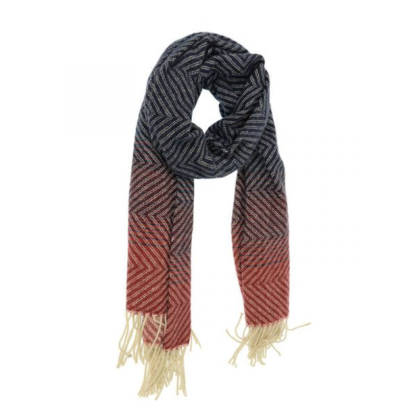 Chevron Striped Fringe Scarf - Navy/Ruby