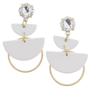Clear Crystal Post with White Half Circles and Gold Circles Earrings