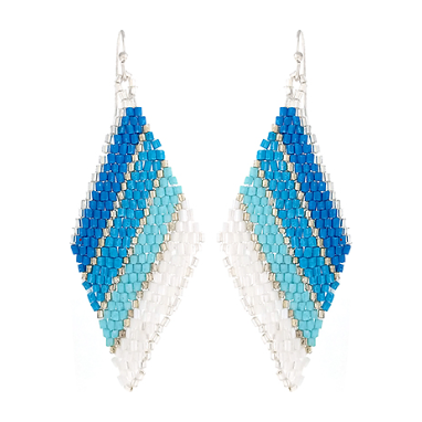 Diagonal Stripe Seed Bead Earrings -Blue/Silver
