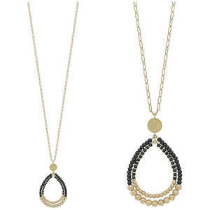Double Teardrop Wood & Satin Ball Long Necklace - Black
