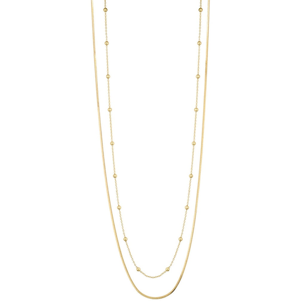 Layered Chain Necklace w/ Small Beads - Gold
