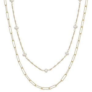Link Chain Layered Necklace w/ Pearls - Gold