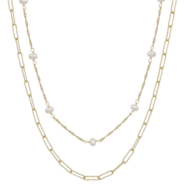Link Chain Layered Necklace w/ Pearls - Gold