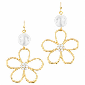 Gold Flower Drop Earrings w/ Pearl Accents