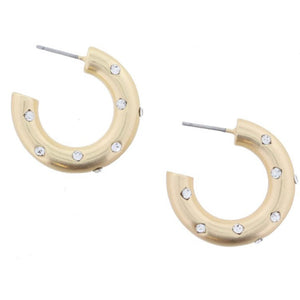 Gold Tubular Hoop with Clear Crystals Earrings