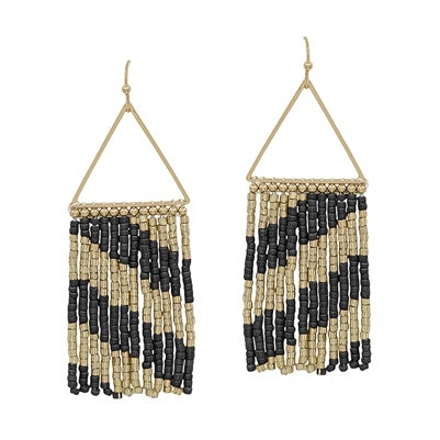 Gold Triangle Earrings w/ Gold and Black Seed Bead Tassels
