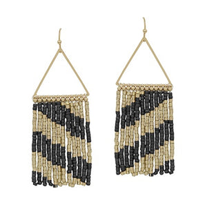Gold Triangle Earrings w/ Gold and Black Seed Bead Tassels