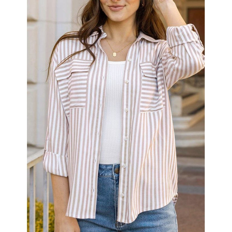Grace and Lace Seaside Striped Button Down Shirt - Tan/Ivory