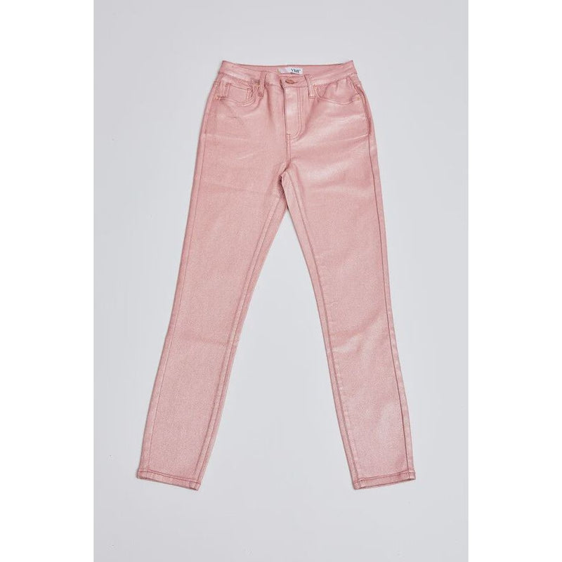 High Rise Metallic Skinny Pants - Rose Pink