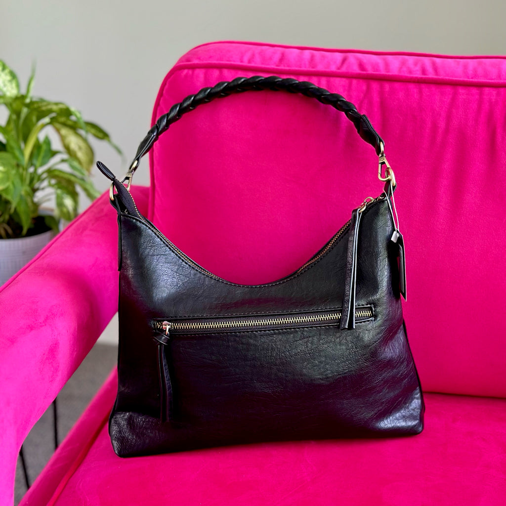 Selene Slouchy Hobo Handbag w/ Braided Handle - Black