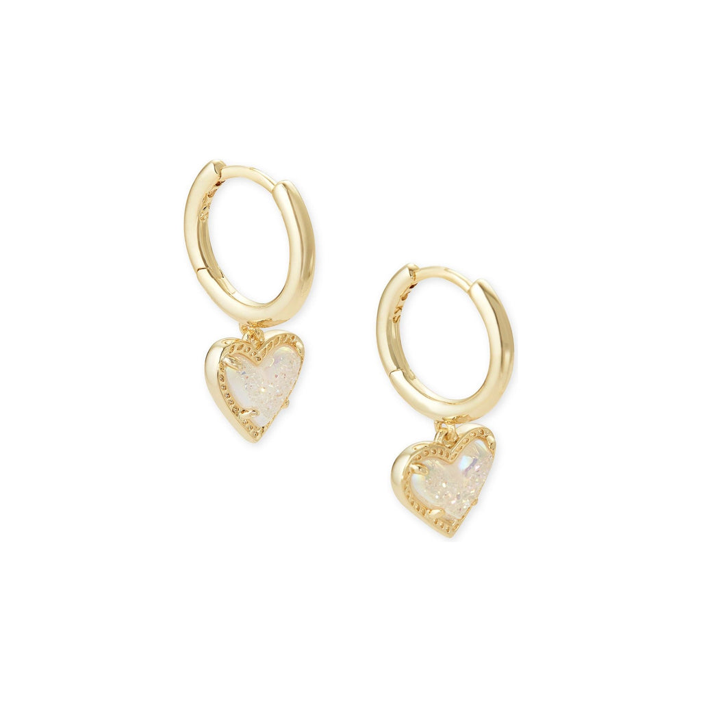 KENDRA SCOTT ARI HEART HUGGIE EARRINGS GOLD IRIDESCENT DRUSY